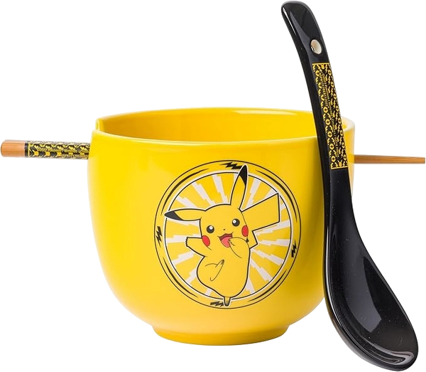 Silver Buffalo Pokemon Pikachu Electric Ceramic Ramen Noodle Rice Bowl with Chopsticks and Spoon