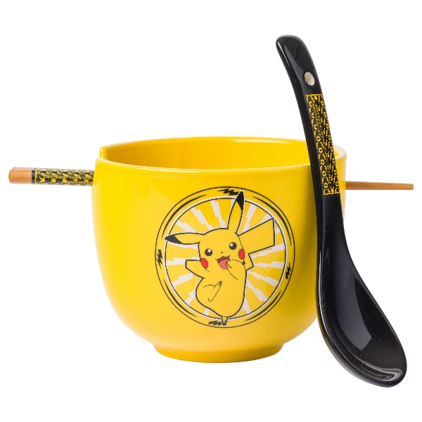Silver Buffalo Pokemon Pikachu Electric Ceramic Ramen Noodle Rice Bowl with Chopsticks and Spoon, Microwave Safe, 20 Ounces