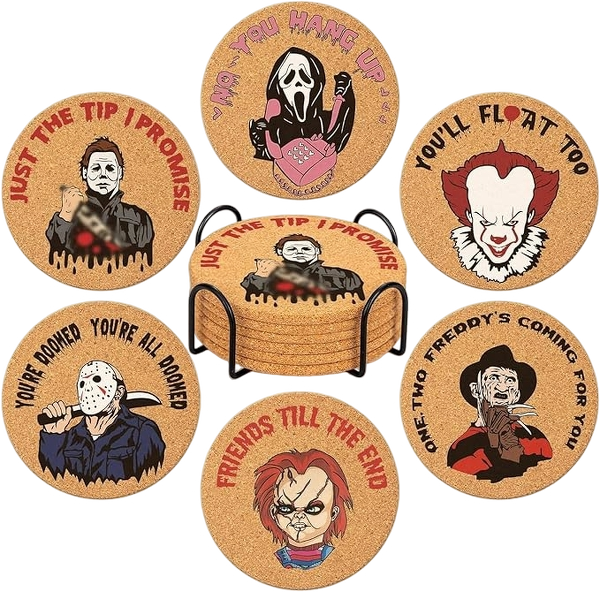 Horror Movie Coasters Set – 6-Piece Spooky Cork Coasters with Holder